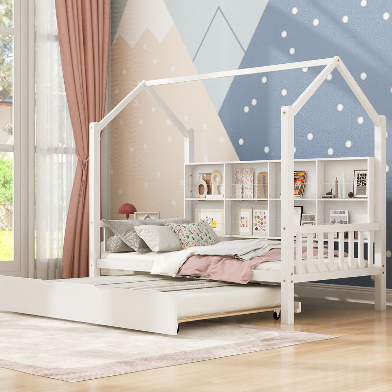 White Twin House Bed With Trundle And Shelf, Frame For Durability, Space - Saving Feature Size Storage Shelf Keepsakes, Twin