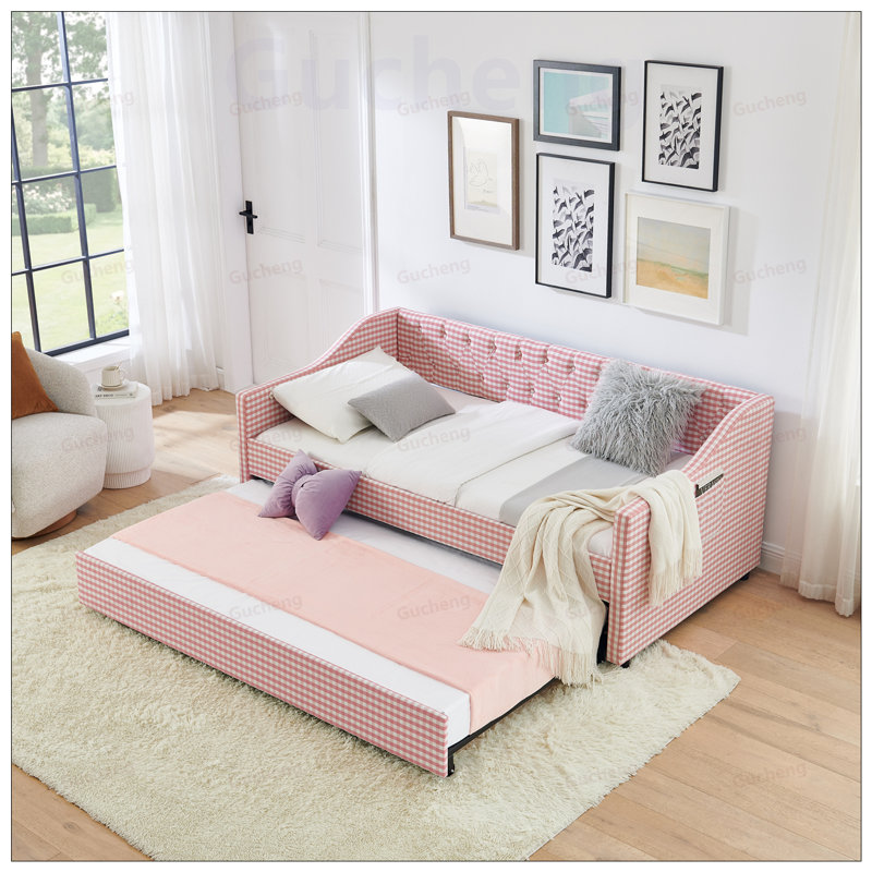 Lit de jour simple, lit de jour convertible rembourré avec dossier capitonné, canapé-lit polyvalent 3 en 1 avec lit gigogne escamotable et rangement latéral, parfait pour une vie compacte