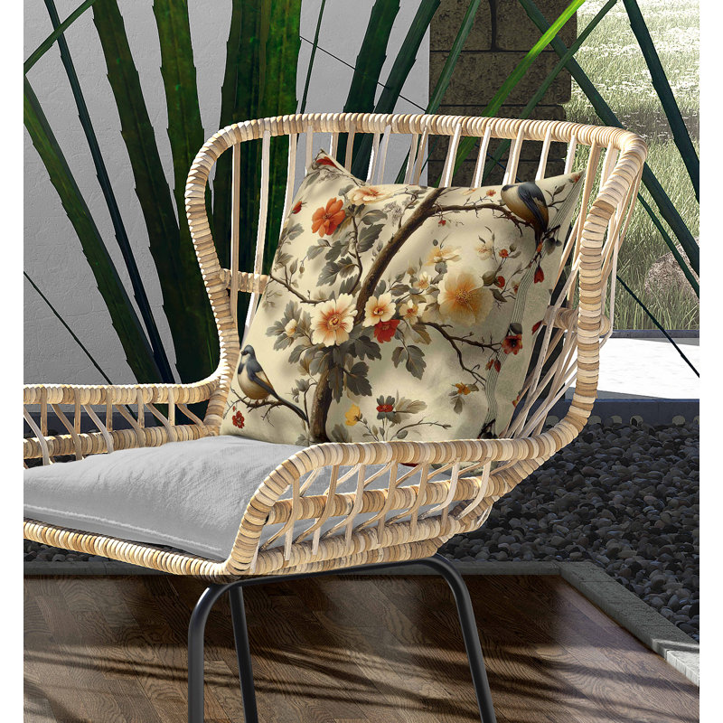 Coussin intérieur / extérieur Deux oiseaux et fleurs, Beige, Square 26"