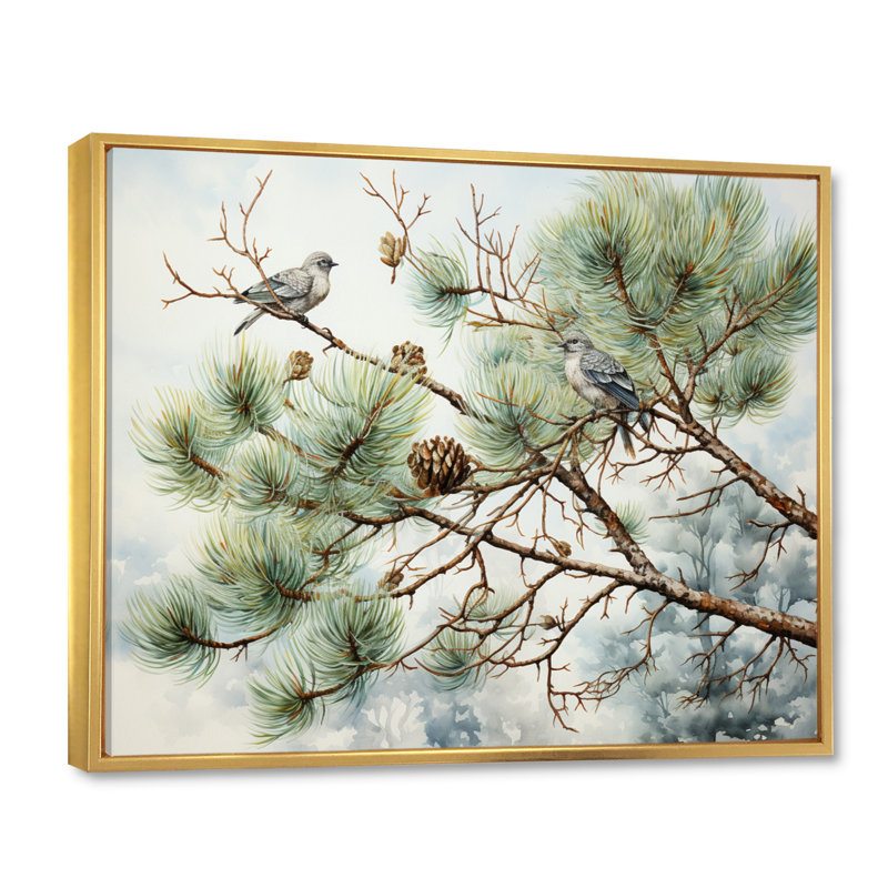 Oiseau sur pin I - Art mural pin, Cadre flottant doré, H 16 po x l 32 po x P 1 po