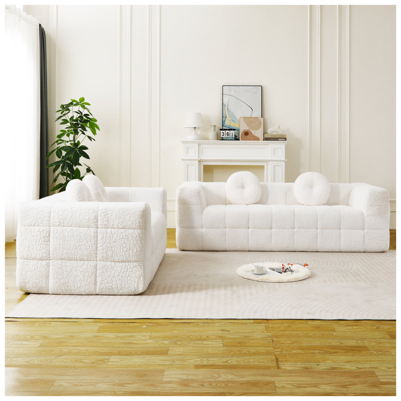 Canapé moderne sans nuage avec tissu texturé litchi et mousse à carreaux avec coussins circulaires pour le salon, Beige