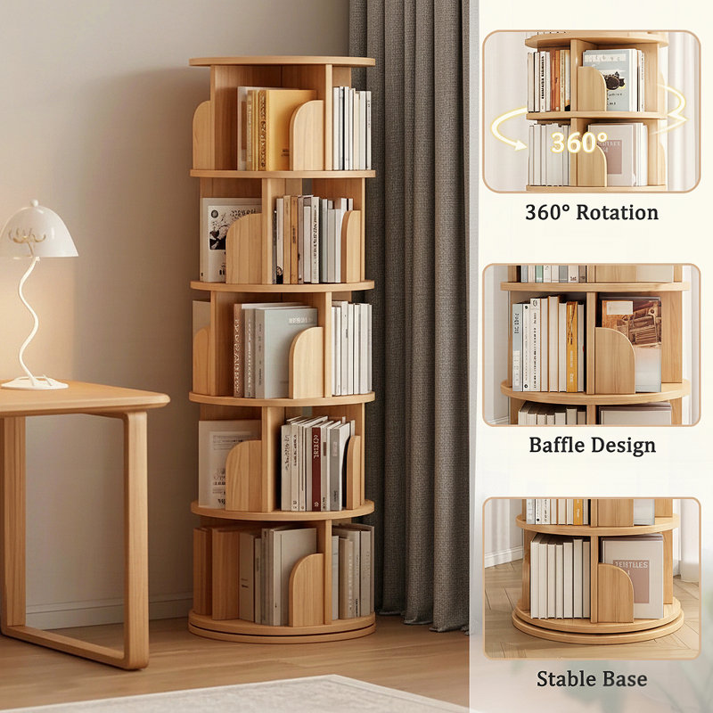 5 Tier 360° Rotating Bookshelf Tower - Space-Saving Round Spinning Display Shelf for Bedroom/Living Room/Office/Home, Natural