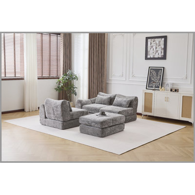 Foldable Wave Star Modular Sofa, Chenille Fabric for Living Room & Bedroom, Instant Expansion Comfortable Creative Furniture with 1 Middle Seat, 1 Ottoman and 1 Side Chaiseest,Grey.