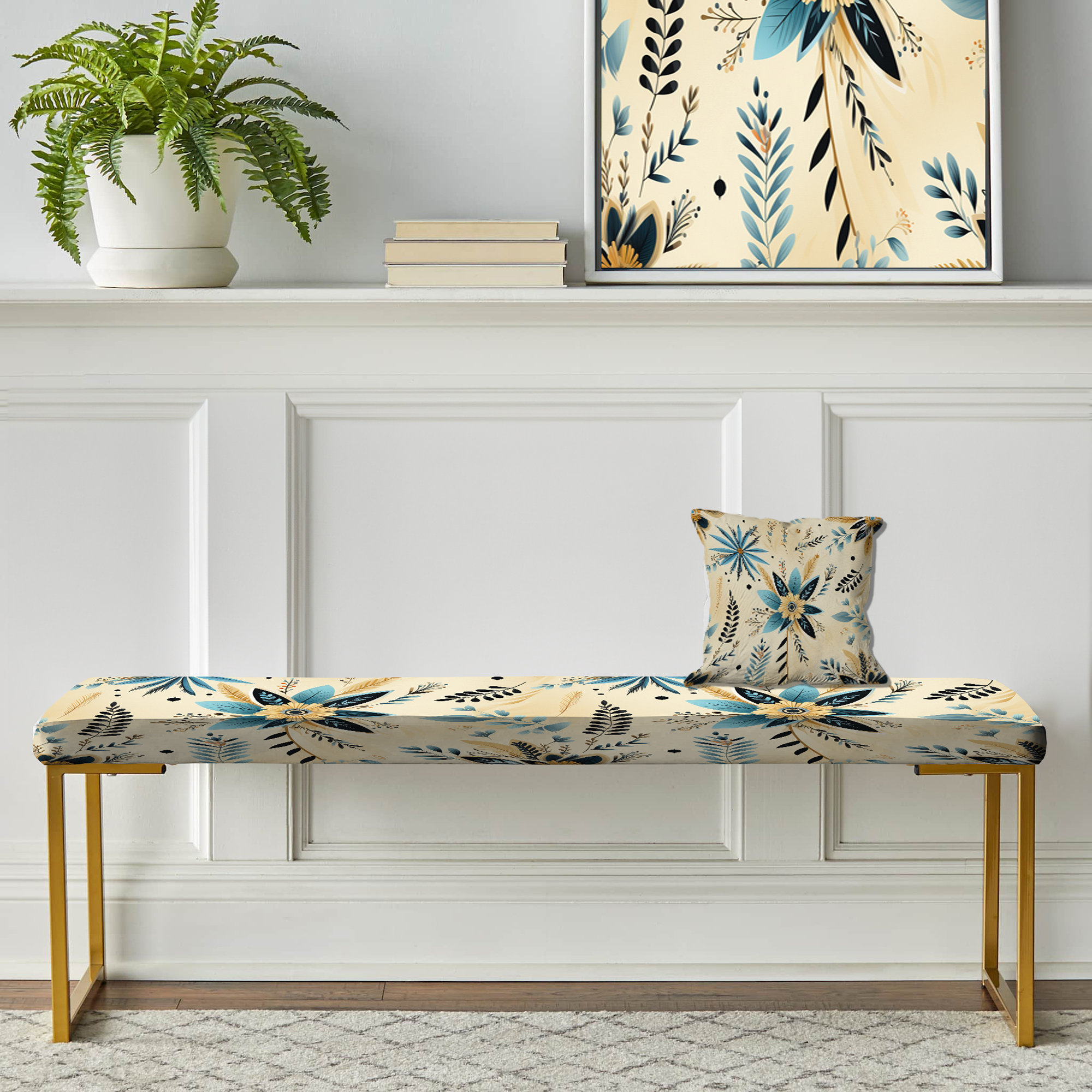 Design Art Blue Beige Vintage Chic Flower Pattern - Floral Upholstered ...