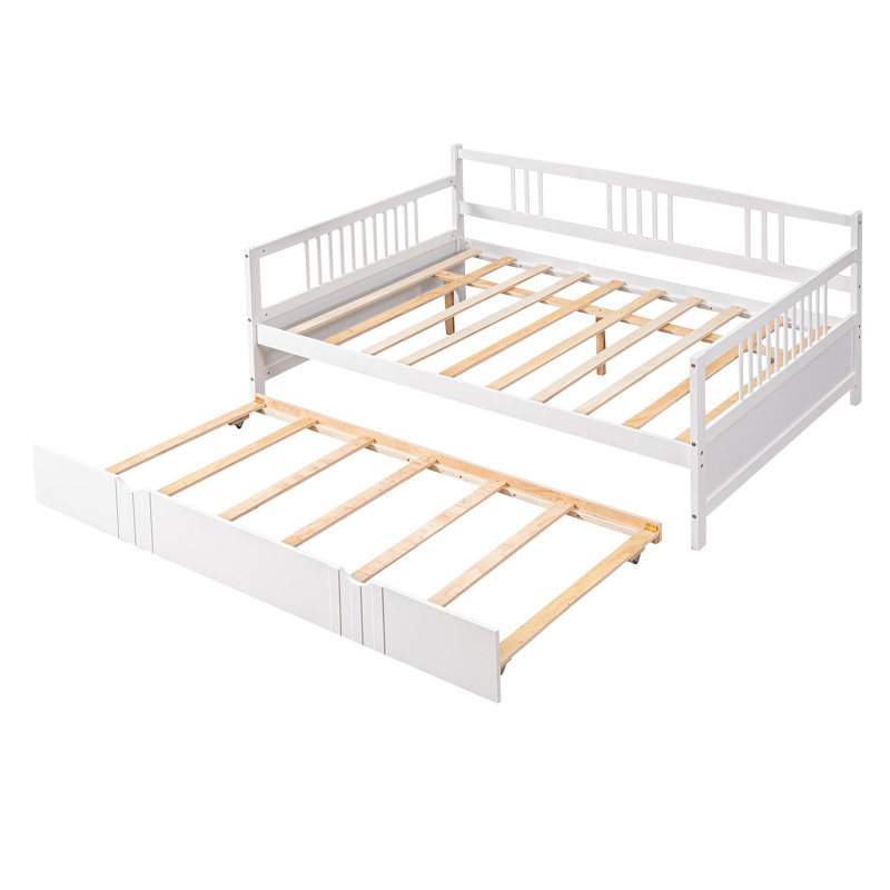 Lit de jour double en bois avec lit gigogne simple, Blanc