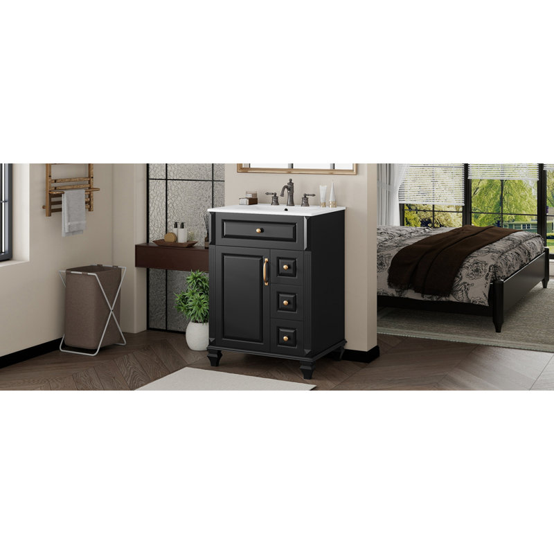Meuble-lavabo de 24 po avec lavabo, meuble-lavabo autoportant noir avec tiroir rabattable, 3 tiroirs et armoire de rangement, bois massif et panneau de fibres à densité moyenne, comptoir de lavabo en céramique