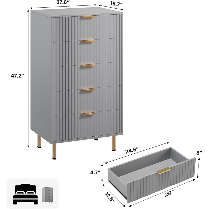 Fluted 5-Drawer Tall Dresser, Modern Wooden Storage Chest with Deep Drawers & Wide Top, Bedroom Organizer for Living Room, Hallway, Kids’ Room