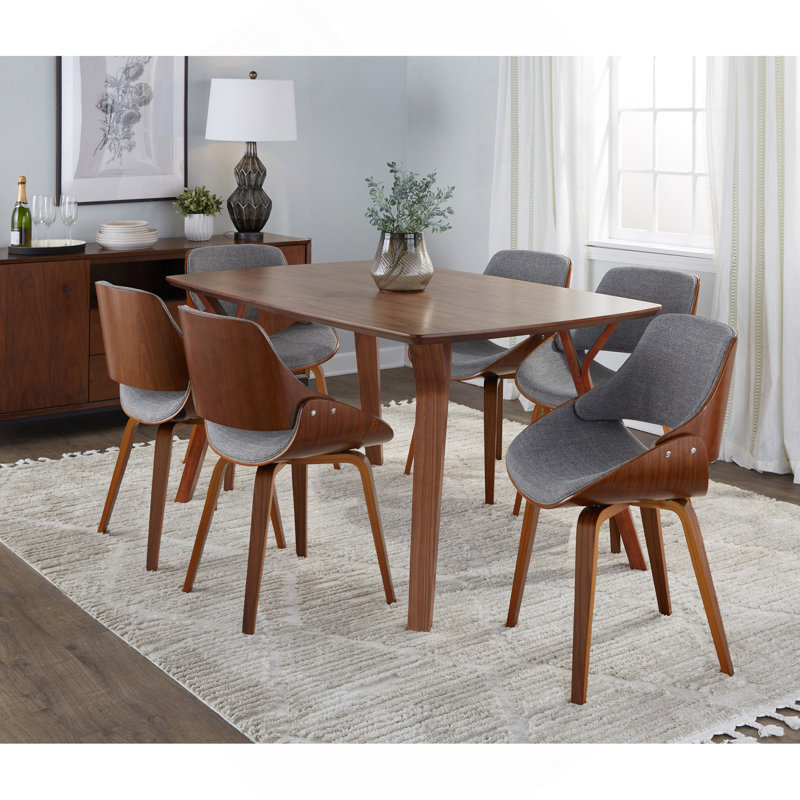 Ensemble de salle à manger moderne Mid-Century Folia Fabrizzi en bois de noyer et tissu gris par Lumisource - 7 pièces
