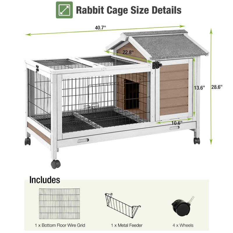 Cage à lapin en bois pour l'intérieur et l'extérieur, cage à lapin avec filet amovible et plateau étanche, cage à lapin mobile avec roulettes (brun)