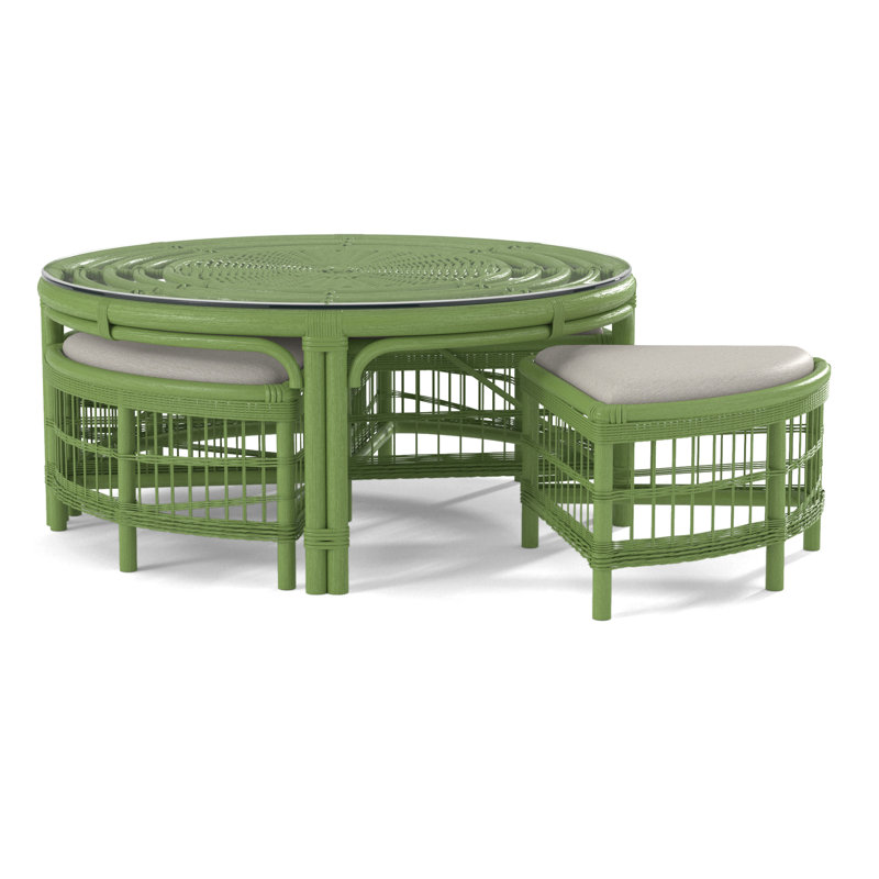Raffles Rattan Cocktail Table with Benches, Celery, White Performance Fabric; 0851-94