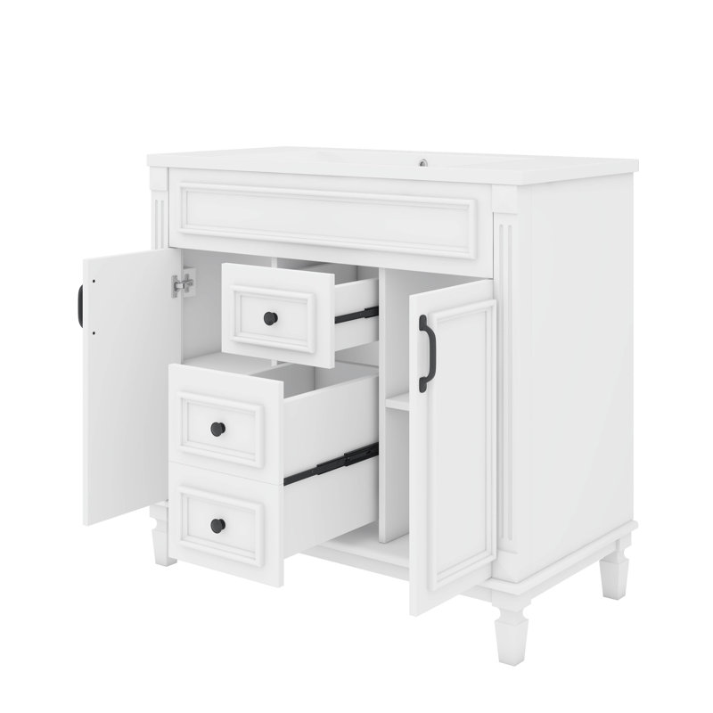Meuble-lavabo sur pied 36 po avec lavabo intégré, armoire avec 2 portes et tiroirs à fermeture en douceur, Blanc, Noir