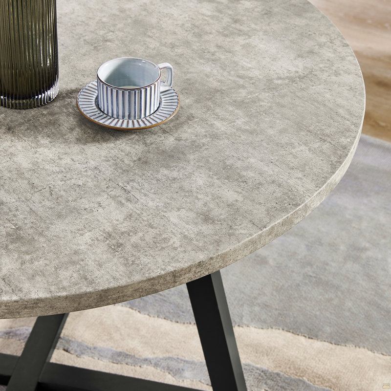 Edo Contemporary Round Dining Table, Trestle Base, Gray Finish