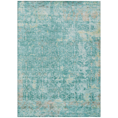 Machine Washable Indoor/Outdoor Xhevrie Teal Rug