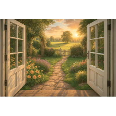 Sunrise Garden Gate - Paysage de campagne à travers une porte ouverte