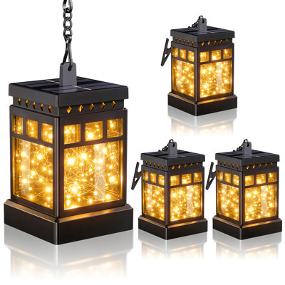 12.8'' Solar Lantern, Hanging Outdoor Decorative Lantern with Metal Clip & Chain, Warm Fairy String Lights for Patio Porch Garden Holiday Decor