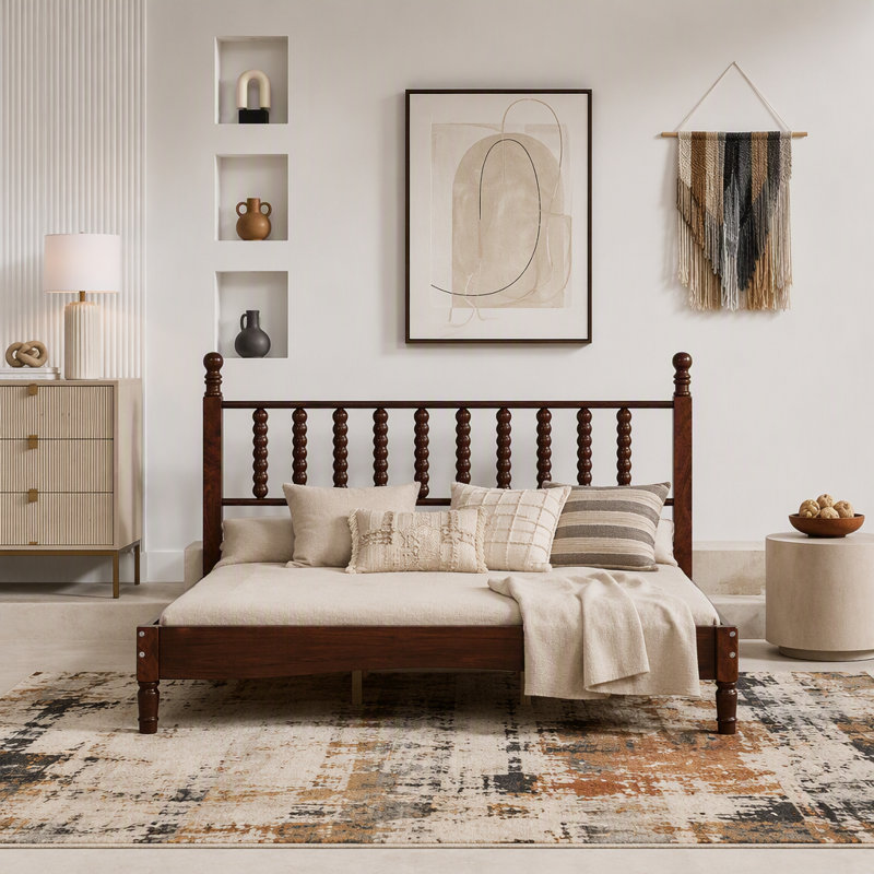 Grand lit plateforme en bois avec tête de lit en forme de gourde, lit plateforme de style rétro avec support en lattes de bois