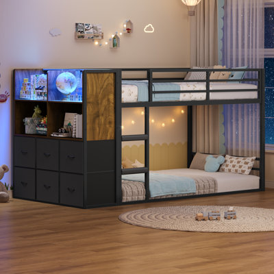 Twin Bunk Beds With Led Lights & Storage, 6 Drawers,twin Over Twin Bunk Bed, Metal Low Bed With Safety Ladder And Guardrail,space Saving