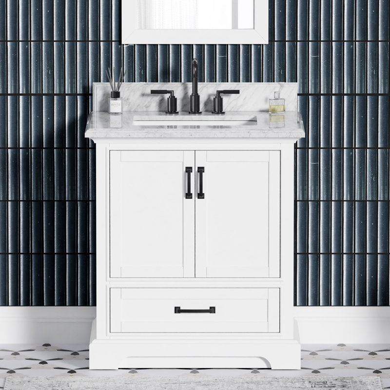 Meuble-lavabo simple 30 po avec plateau en marbre de Carrare Rhoda, pré-assemblé