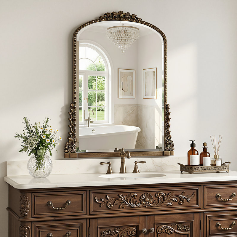 Retro Engraved Bathroom Mirror, Arched Wall Mirror, 22"×32", Ancient Bronze