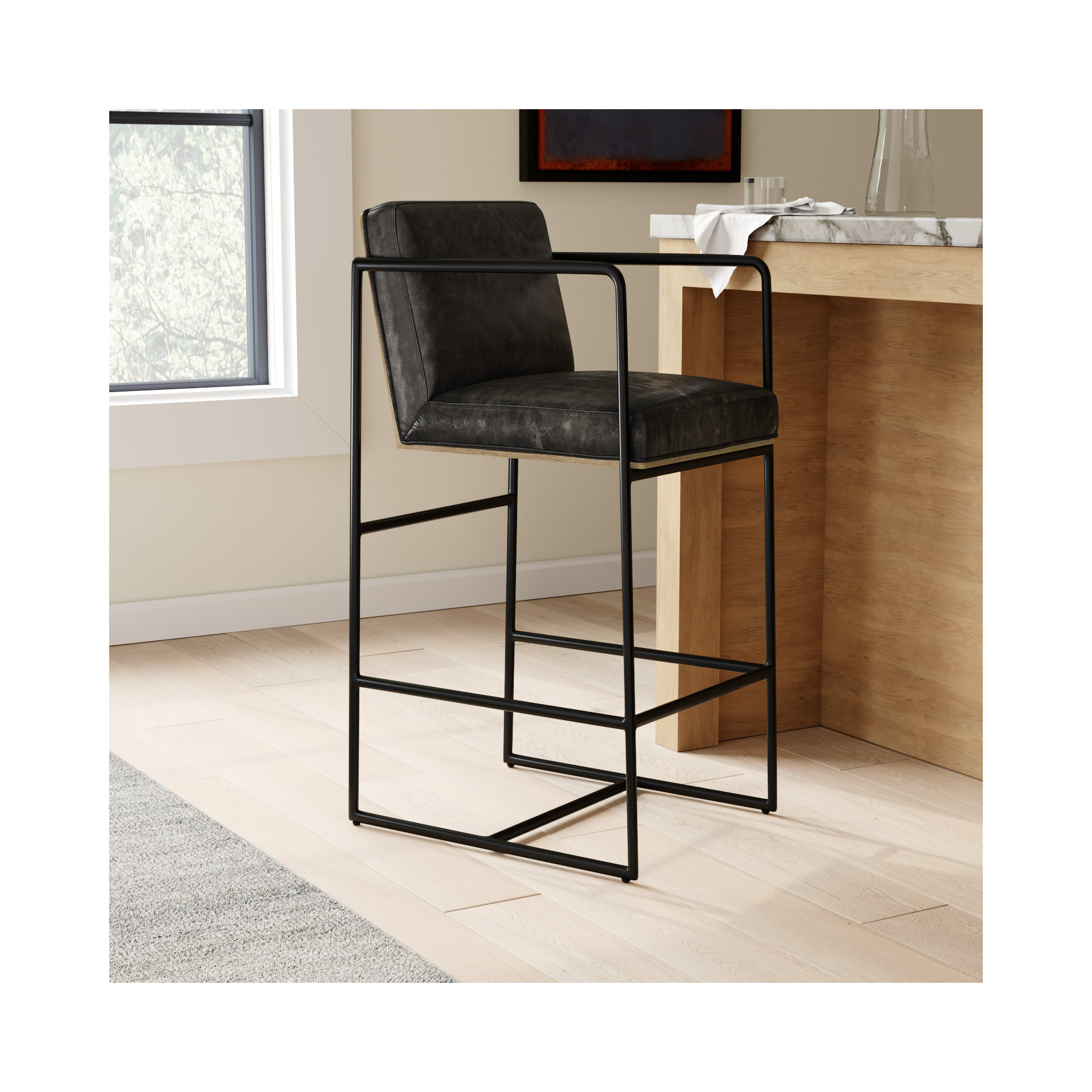 Sidney Genuine Leather Bar & Counter Stool, Dark Gray, Bar Stool (29.5” Seat Height)