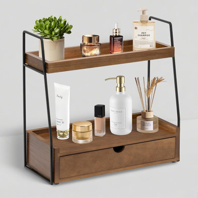 Comptoir de rangement de salle de bain à 2 niveaux avec tiroir, organisateur de comptoir en bois pour le décor de la salle de bain, tablette de lavabo pour rangement de meuble-lavabo, plateau de maquillage