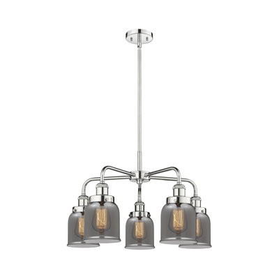Bell - 5 Light 23" Stem Hung Chandelier - Polished Chrome Finish - Light Smoke Glass Shade