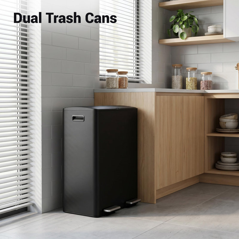 Poubelle de cuisine noire à deux compartiments en acier inoxydable de 60 L pour le tri des déchets - Contenant à ordures moderne pour la maison, le bureau, l'appartement, le restaurant et le hall d'entrée