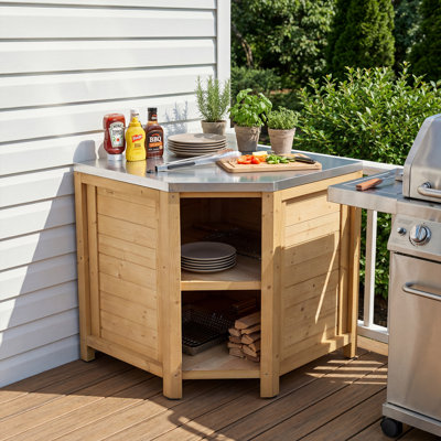 Outdoor Cedar Wood Corner Storage Cabinet With Stainless Steel Top, Weather-Resistant Patio Kitchen Corner Unit