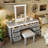 Vanity Desk with LED Lighted Mirror, Makeup Vanity with 7 Drawers & Cushioned Stool, Bamboo Weave Drawer Dressing Table with Rubber Wood Legs for Bedroom-1916219675
