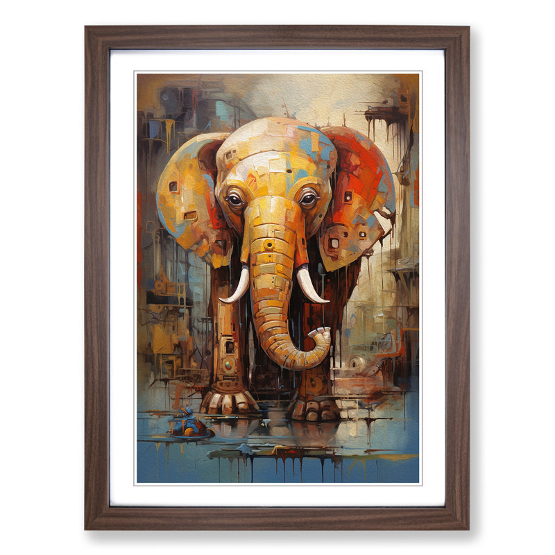 Elephant Modern No.2 - Single Picture Frame Print on Wood, 64cm H x 46cm W x 2cm D, Walnut