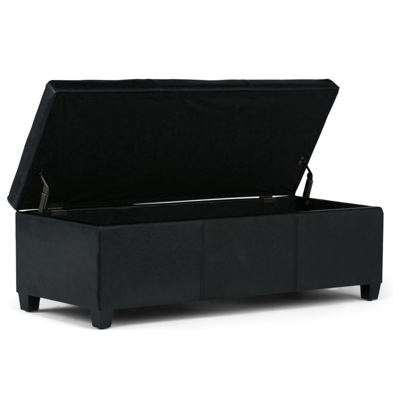 Avalon 48"W Upholstered Storage Ottoman Bench with Large Interior Storage, Midnight Black Faux Leather