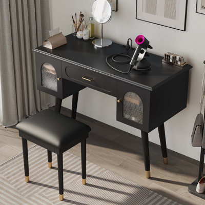 Elegant Vanity Makeup Table And Chair Set With Organizer, Charging Port, And Dual Function As Writing Desk.