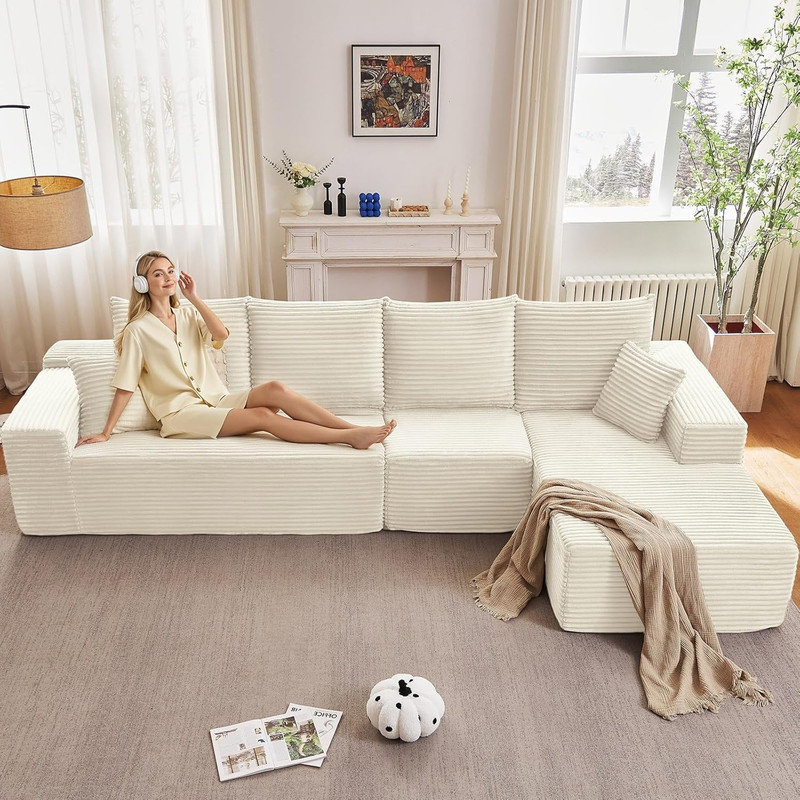 Canapé modulaire de 135 po avec méridienne en forme de L, méridienne modulaire moderne et confortable, canapé-lit rembourré en velours côtelé avec siège profond pour la chambre à coucher du salon, aucun assemblage requis