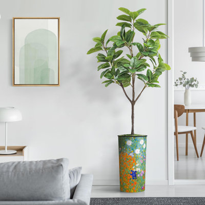 Artificial Tree in Gray Tan Watercolor Abstract Planter Fake Magnolia Tree