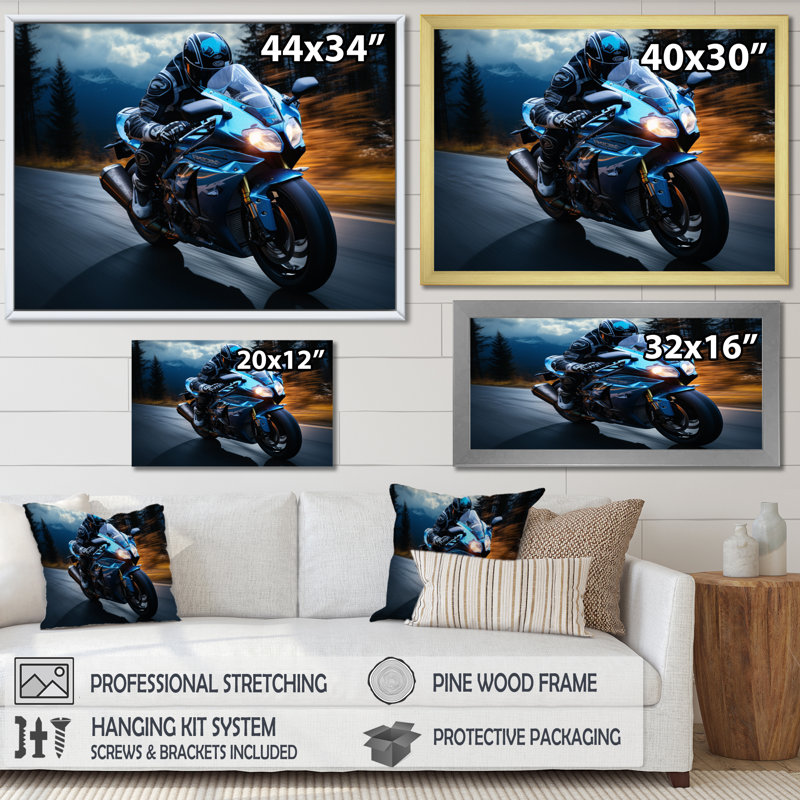 «Blue Yellow Motorcy Symphony», reproduction d'art sur toile encadrée, 12" H x 20" W, Cadre flottant blanc