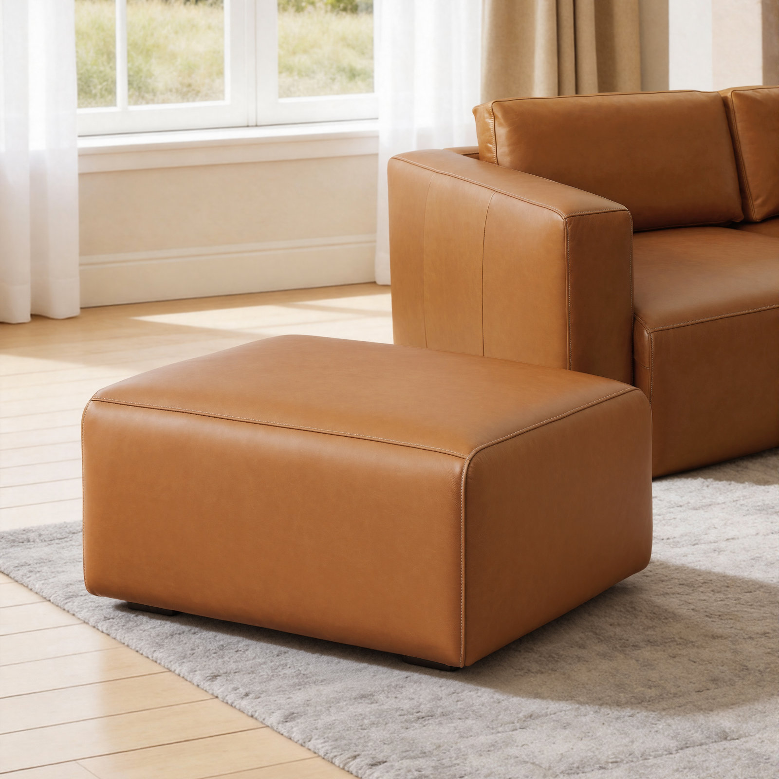 Genuine Leather Square Pouf Ottoman, Brown