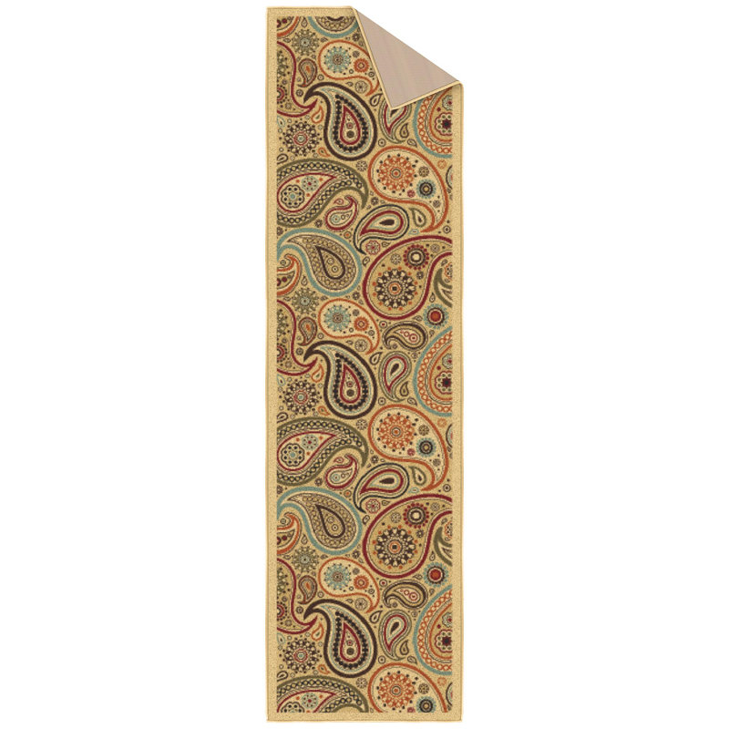 Contemporary Red and Beige Paisley Runner Rug with Non-Slip Backing
