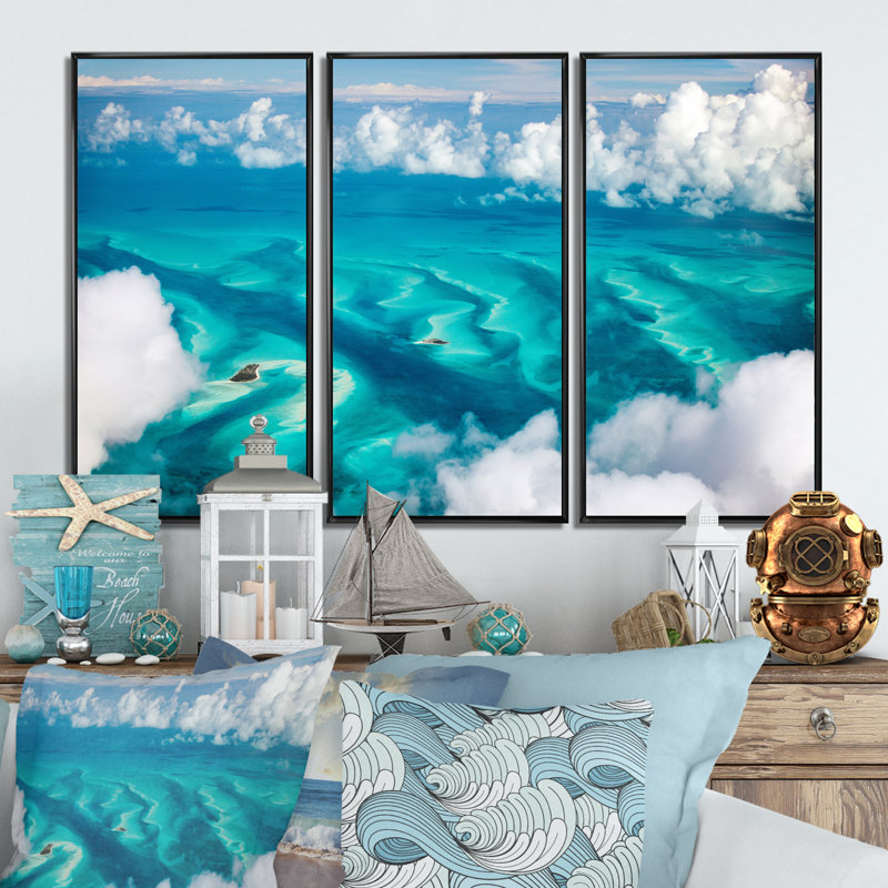 Bahamas Arial View - Ensemble de 3 toiles encadrées nautiques et côtières, Noir, H 28 po x l 36 po x P 1 po