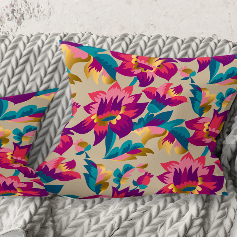 Coussin décoratif à motif folk à la main élégante fleur, 16 po x 1 po