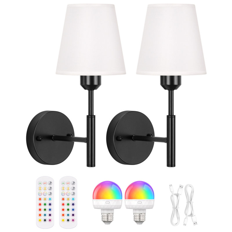 Ensemble de deux appliques murales rechargeables sans fil à piles avec télécommande, avec 5 ampoules à intensité variable détachables