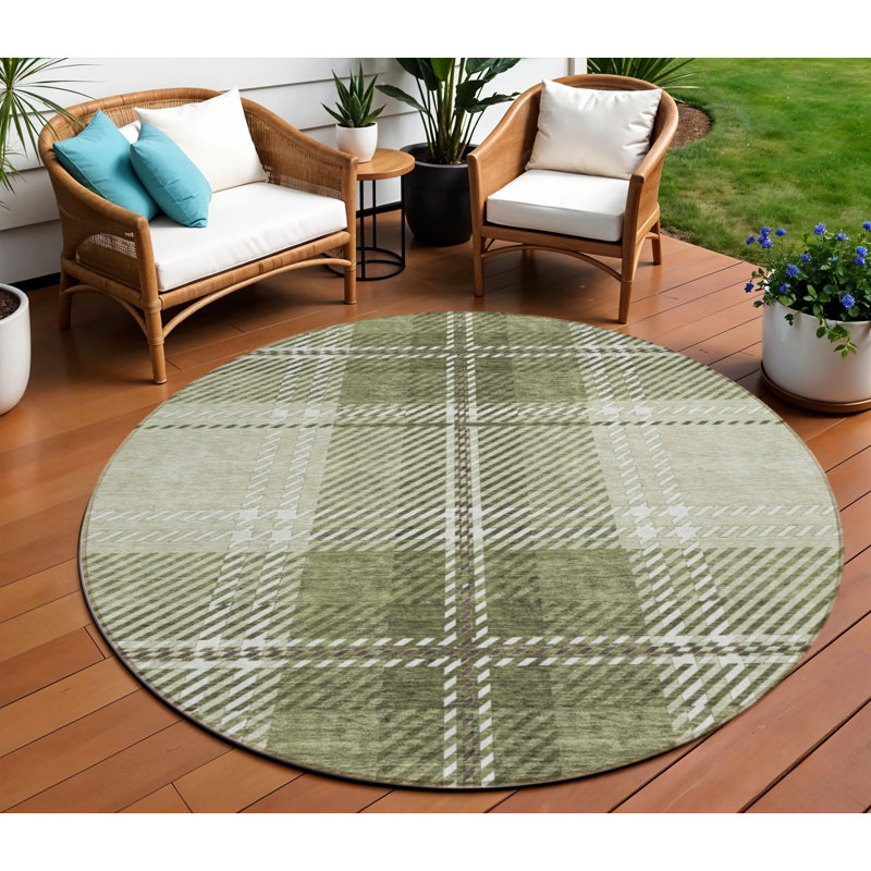 Tapis intérieur lavable rond 8 pi vert artichaut brun et ivoire