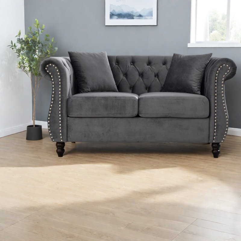 Causeuse à compression Chesterfield de 58,8 po en velours gris pour la maison