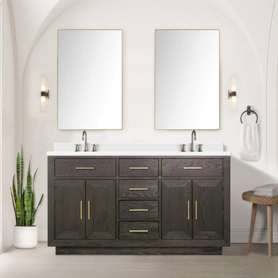 Meuble-lavabo double en chêne 60 po X P 22 po D, avec plateau en quartz blanc