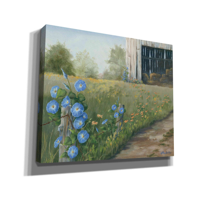 «Morning Glories & Hay Barn» par Pam Britton, art mural sur toile, H 20 po x l 24 po x P 0,75 po