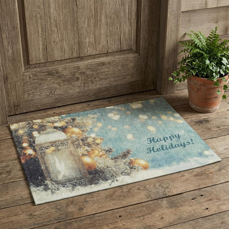 Hukill 3' X 5' Blue Gold And Ivory Christmas Distressed Washable Area Rug With UV Protection