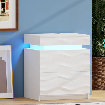 Glossy Nightstand with Sensor Lights, Lockable Drawer