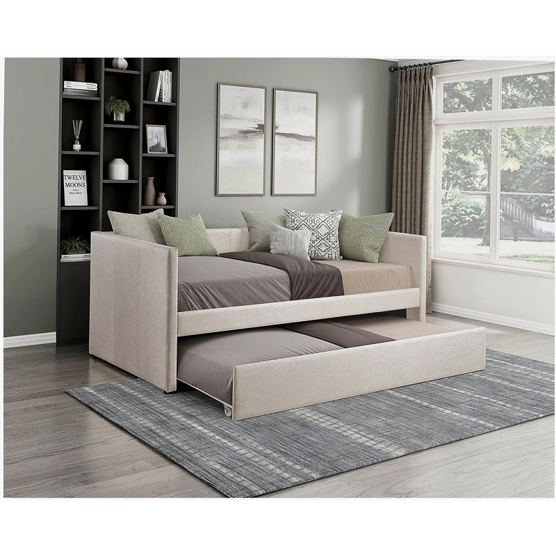 1pièce lit de jour avec lit gigogne en tissu d'ameublement gris foncé, Beige