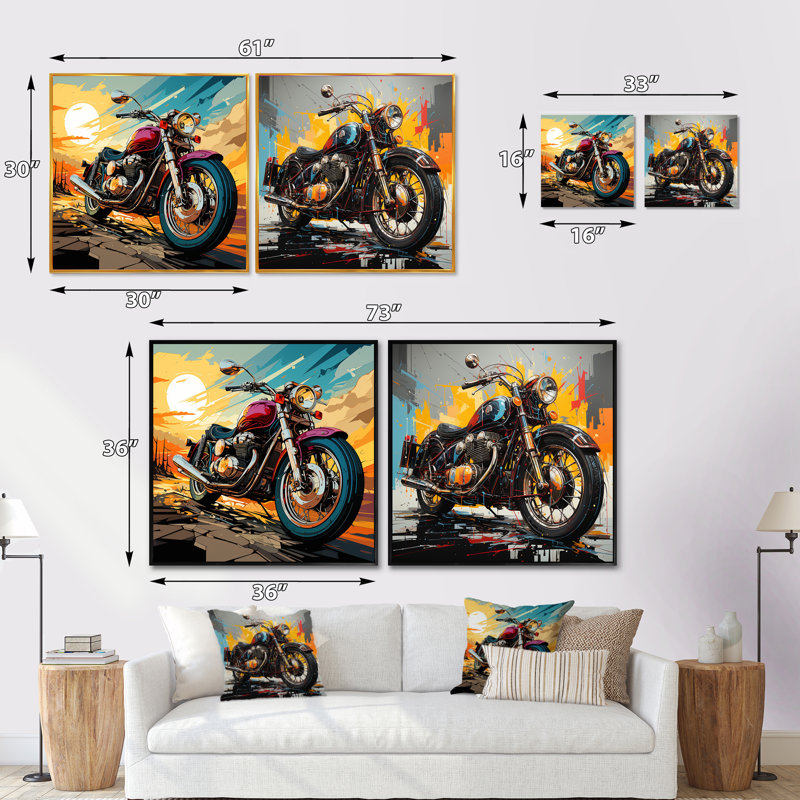 Rêves de motards sur la route - ensemble de 2 collages carrés, Cadre flottant doré, H 16 po x l 33 po