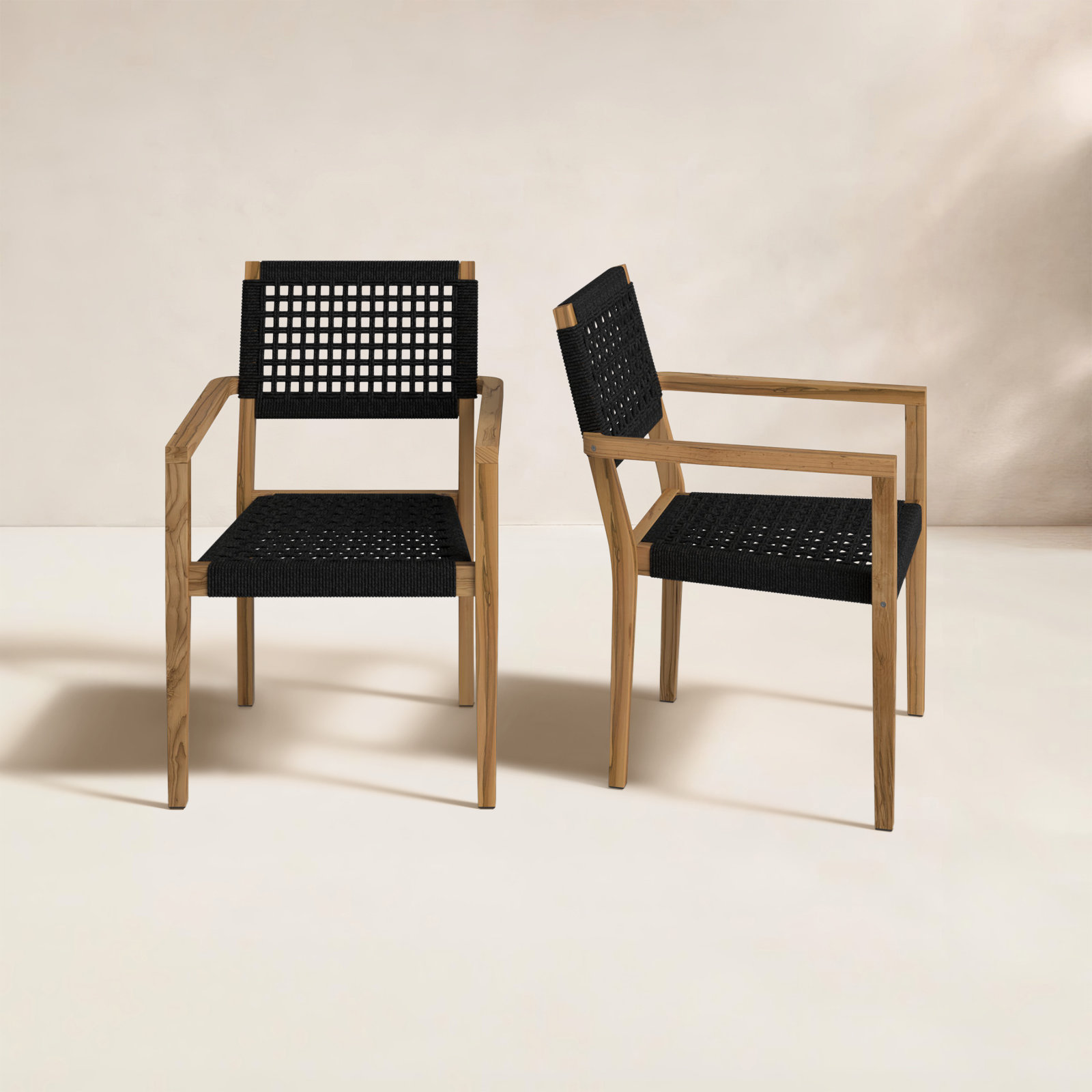 Cava Indoor/Outdoor Rope & Teak Stacking Armchairs, Black
