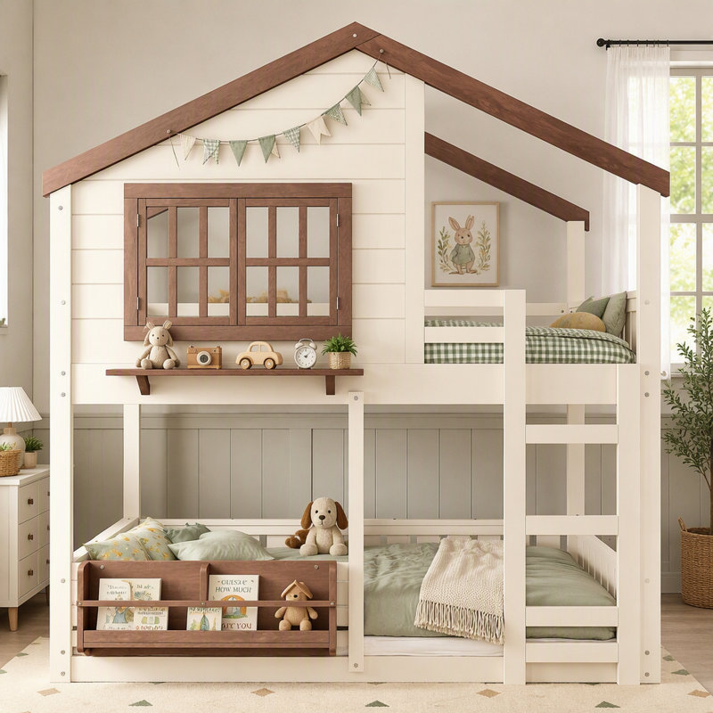 Lit superposé en forme de maison pour enfants, cadre de lit multifonctionnel avec toit, tablette intégrée et barrières de sécurité, lit en bois avec échelle pour chambre d'enfant